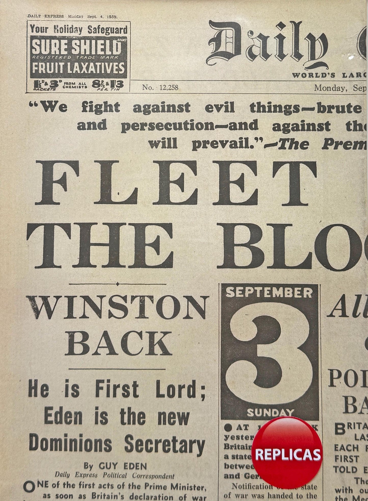 Reproduction: Britain declares War newspaper (WW2) [WW2NP1]