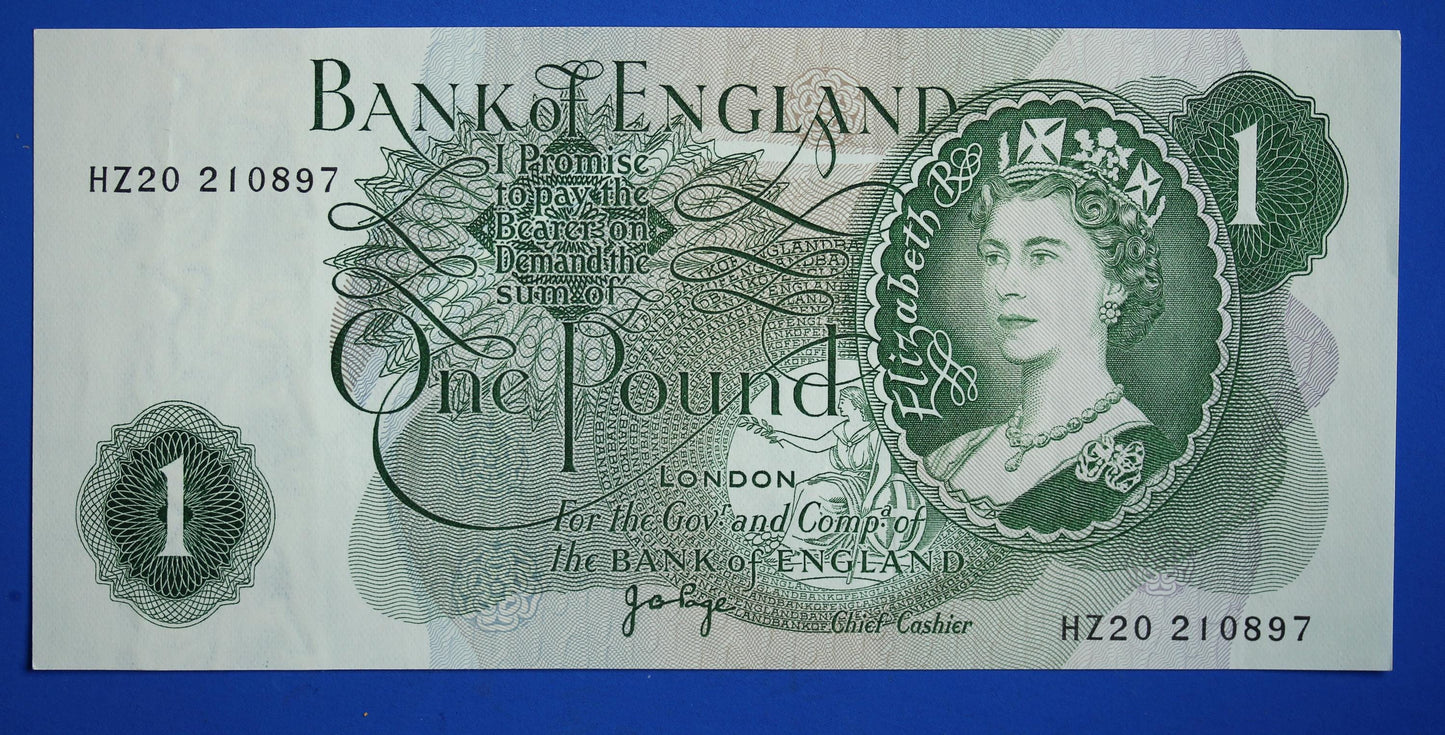 1970 Bank of England One pound 1 pound JB Page Prefix "HZ20" banknotes, Elizabeth II [11/25 33658]