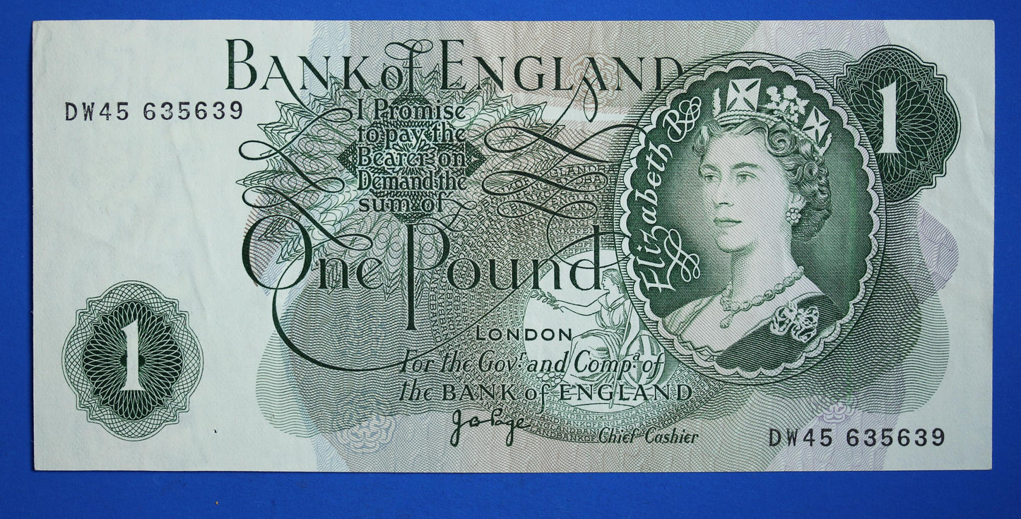 1970 Bank of England One pound 1 pound JB Page Prefix "DW45" banknotes, Elizabeth II [11/25 33660]