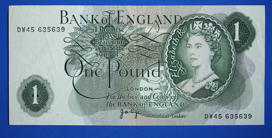 1970 Bank of England One pound 1 pound JB Page Prefix "DW45" banknotes, Elizabeth II [11/25 33660]