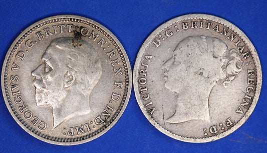 GENUINE British Coins -  1887 1935 Victoria YH and George V threepence, 3d  [11/25 33760]