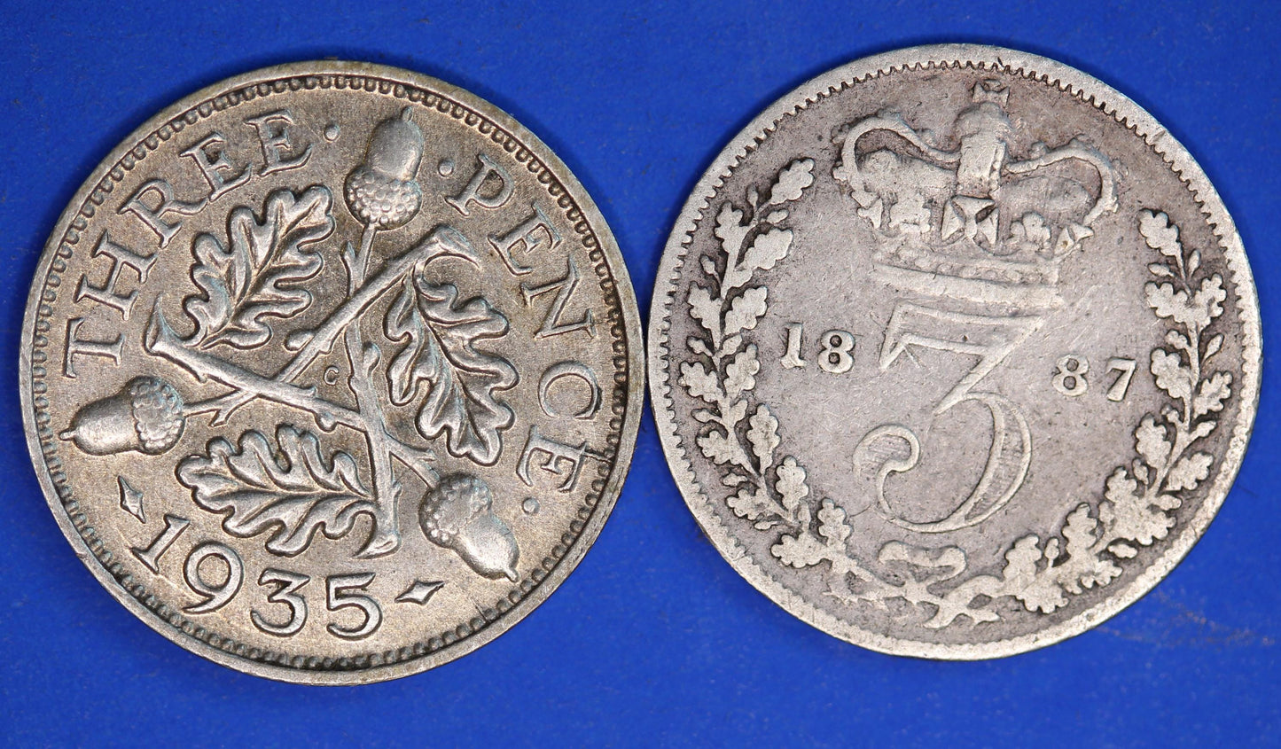 GENUINE British Coins -  1887 1935 Victoria YH and George V threepence, 3d  [11/25 33760]