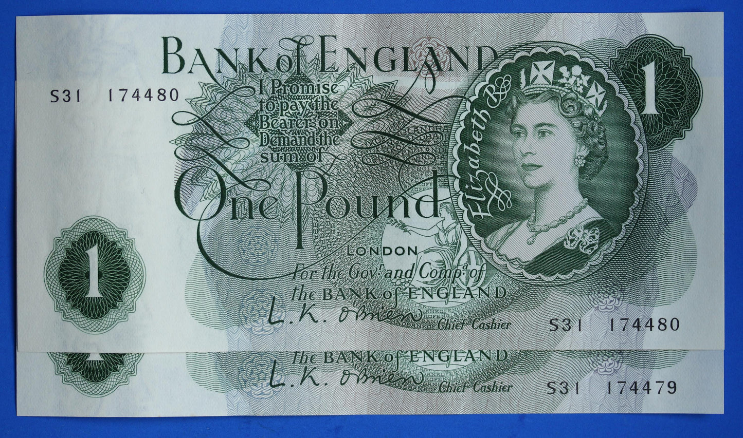 2x 1960 Bank of England One pound, O'Brien "S31" Elizabeth II banknotes CONSECUTIVE   [12/25 33890]