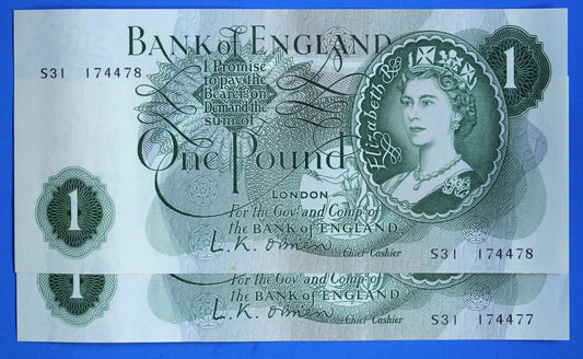 2x 1960 Bank of England One pound, O'Brien "S31" Elizabeth II banknotes CONSECUTIVE   [12/25 33891]