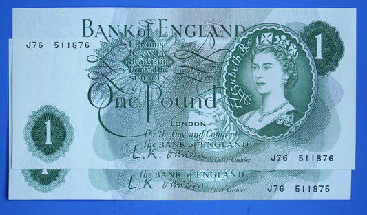 2x 1960 Bank of England One pound, O'Brien "J76" Elizabeth II banknotes CONSECUTIVE   [12/25 33899]