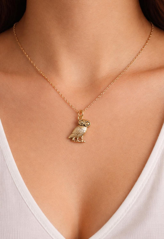 Greek Owl (17mm) Pendant - Gold Plated - with information card [GOPG]