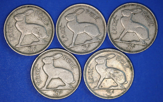 GENUINE 5 Irish Threepences 3d Ireland EIRE, Hare coins, various dates [12/25 33887]