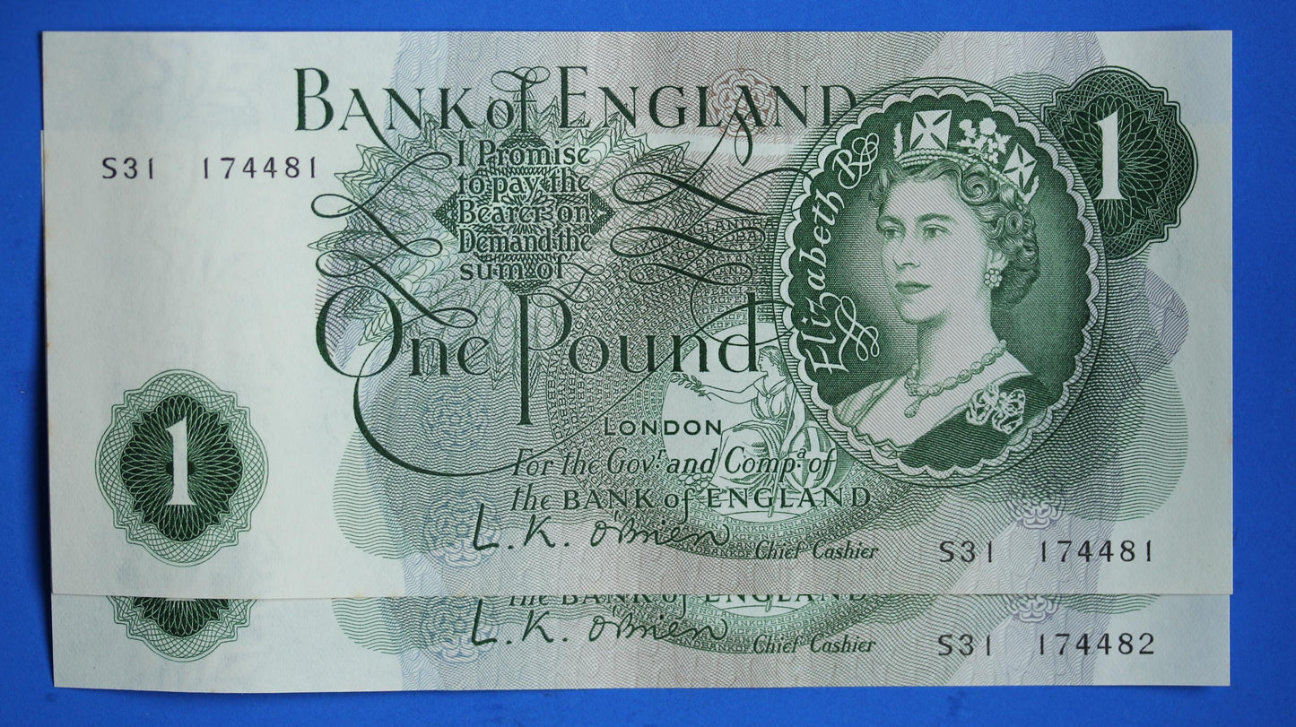 2x 1960 Bank of England One pound, O'Brien "S31" Elizabeth II banknotes CONSECUTIVE   [12/25 33889]