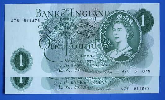 2x 1960 Bank of England One pound, O'Brien "J76" Elizabeth II banknotes CONSECUTIVE   [12/25 33898]
