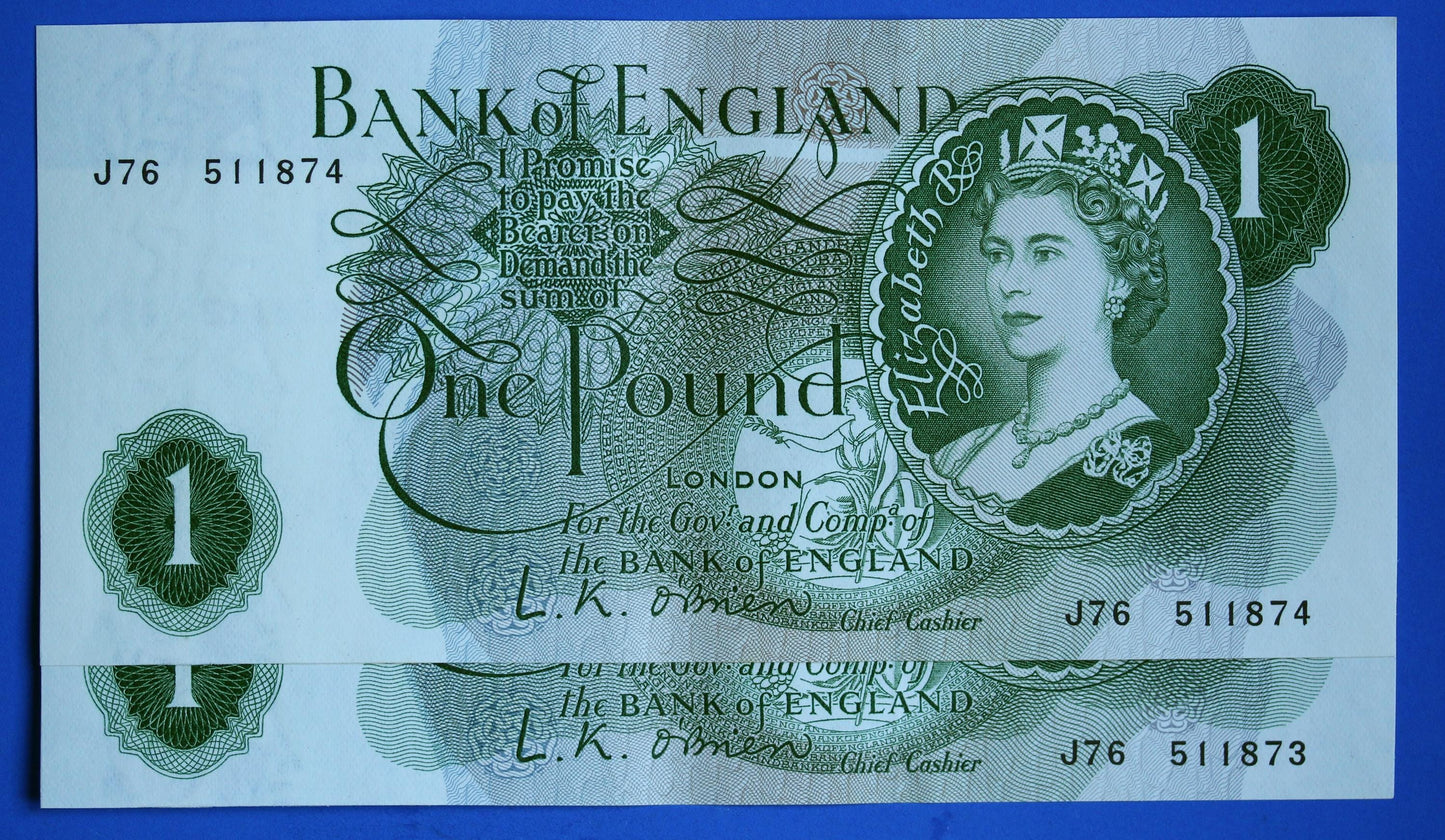 2x 1960 Bank of England One pound, O'Brien "J76" Elizabeth II banknotes CONSECUTIVE   [12/25 33900]