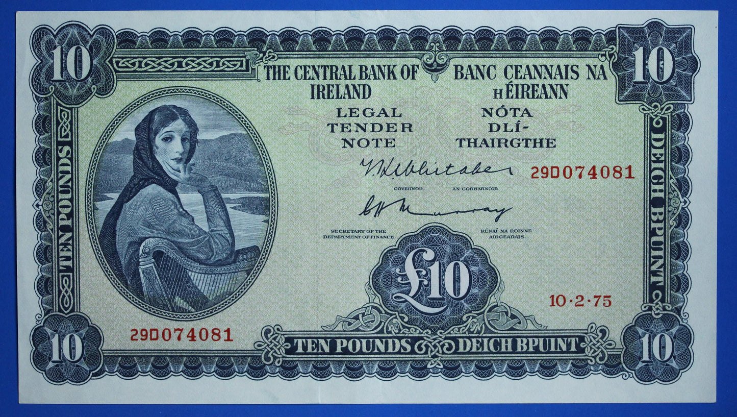 2x 1975 Central Bank of Ireland, Ten Pound, Irish EIRE Lady Lavery banknotes [12/25 34005]