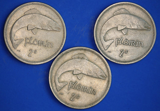 GENUINE 3 Irish florins /two shillings Ireland EIRE coins, Salmon, various dates [01/26 34074]