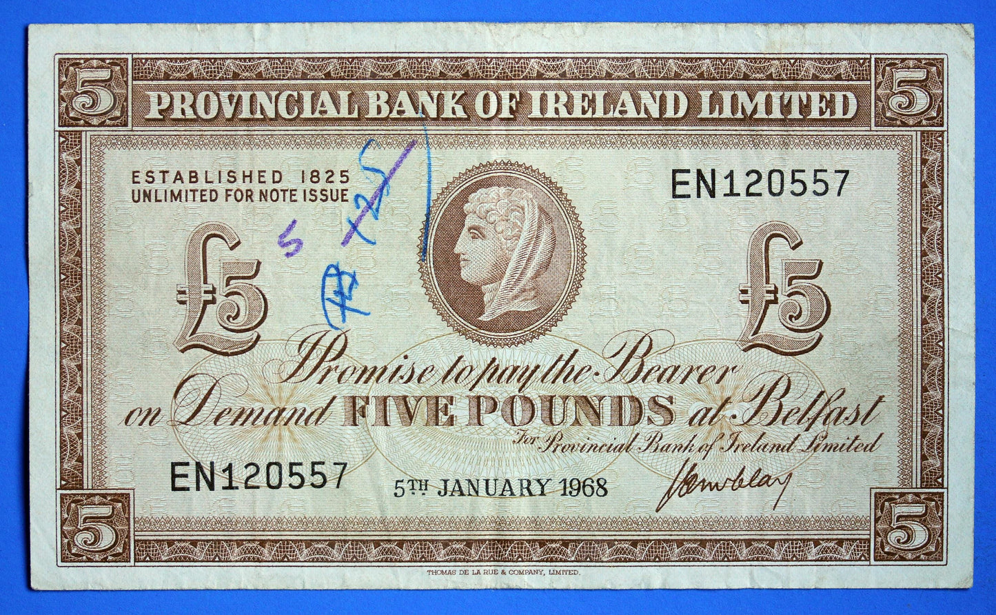 1968 Provincial Bank of Ireland Five Pound Banknote, Northern Ireland, McClay "EN"   [01/26 34120]