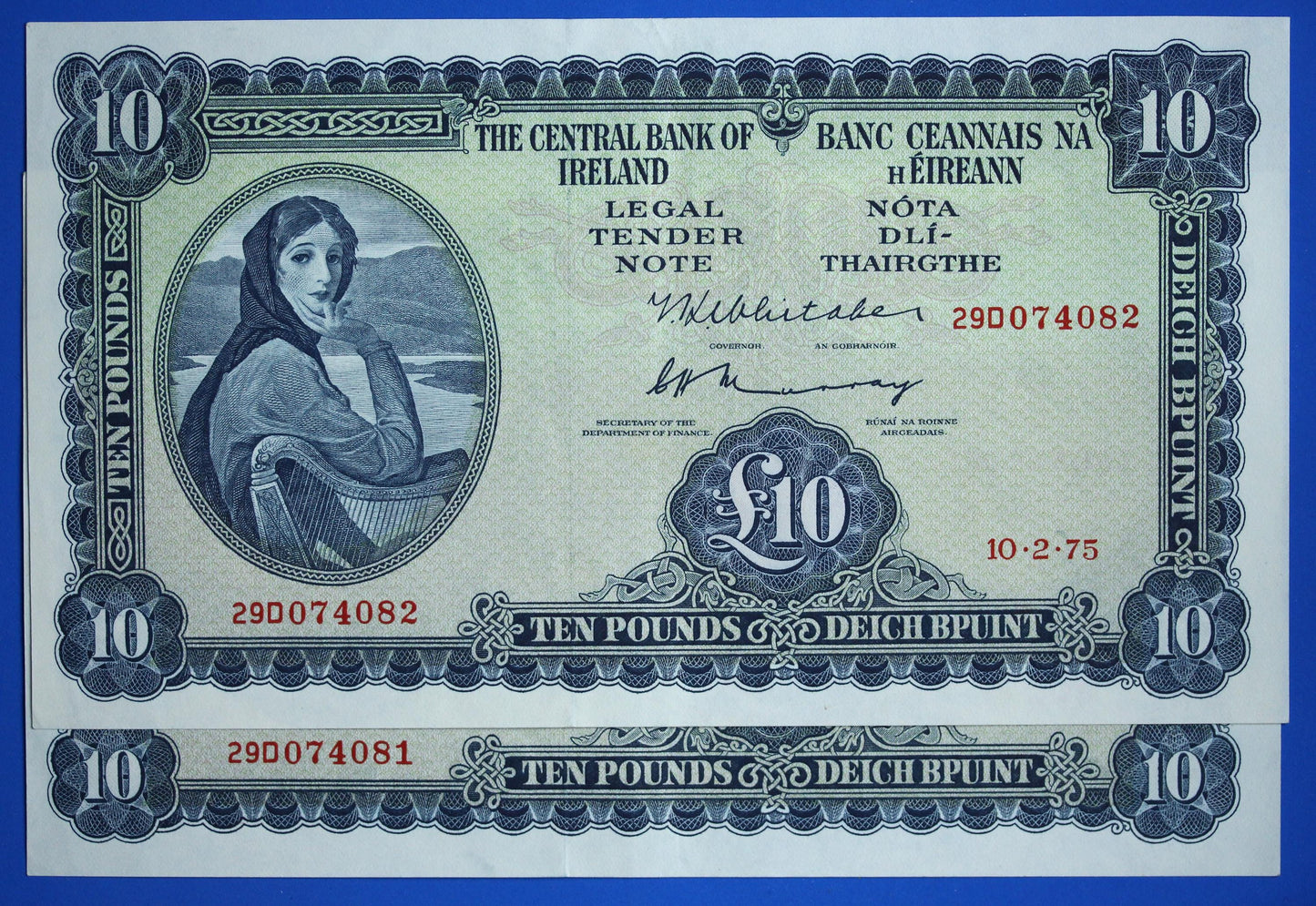 2x 1975 Central Bank of Ireland, Ten Pound, Irish EIRE Lady Lavery banknotes [12/25 34005]