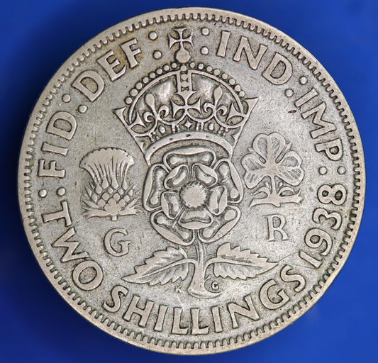 GENUINE British Coin -  1938 George VI two shillings, 50% silver coin  [01/26 34197]