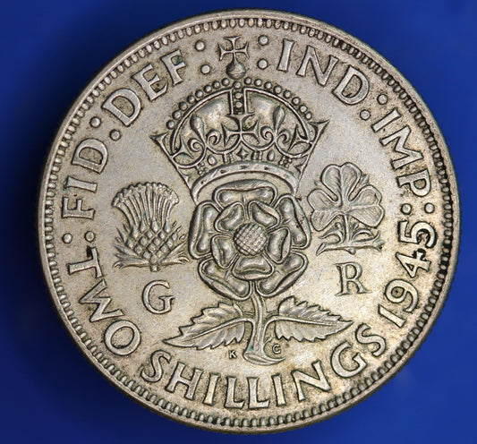 GENUINE British Coin -  1945 George VI two shillings, 50% silver coin  [01/26 34198]