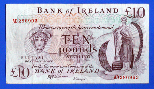 1984 Bank of Ireland Ten Pound Banknote, Northern Ireland, Harrison "AD"   [01/26 34118]