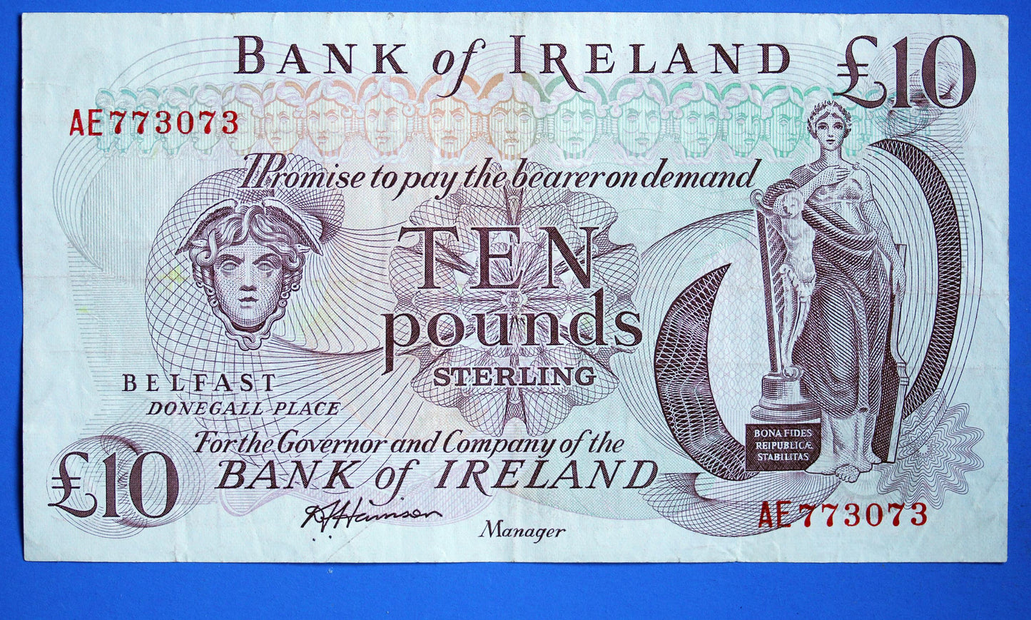 1984 Bank of Ireland Ten Pound Banknote, Northern Ireland, Harrison "AE"   [01/26 34119]