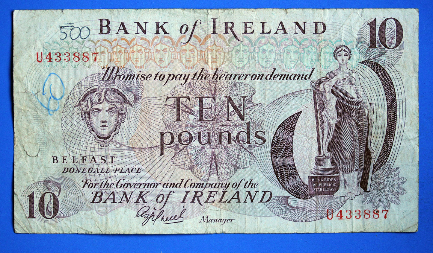 1984 Bank of Ireland Ten Pound Banknote, Northern Ireland, Harrison "U"  [01/26 34124]