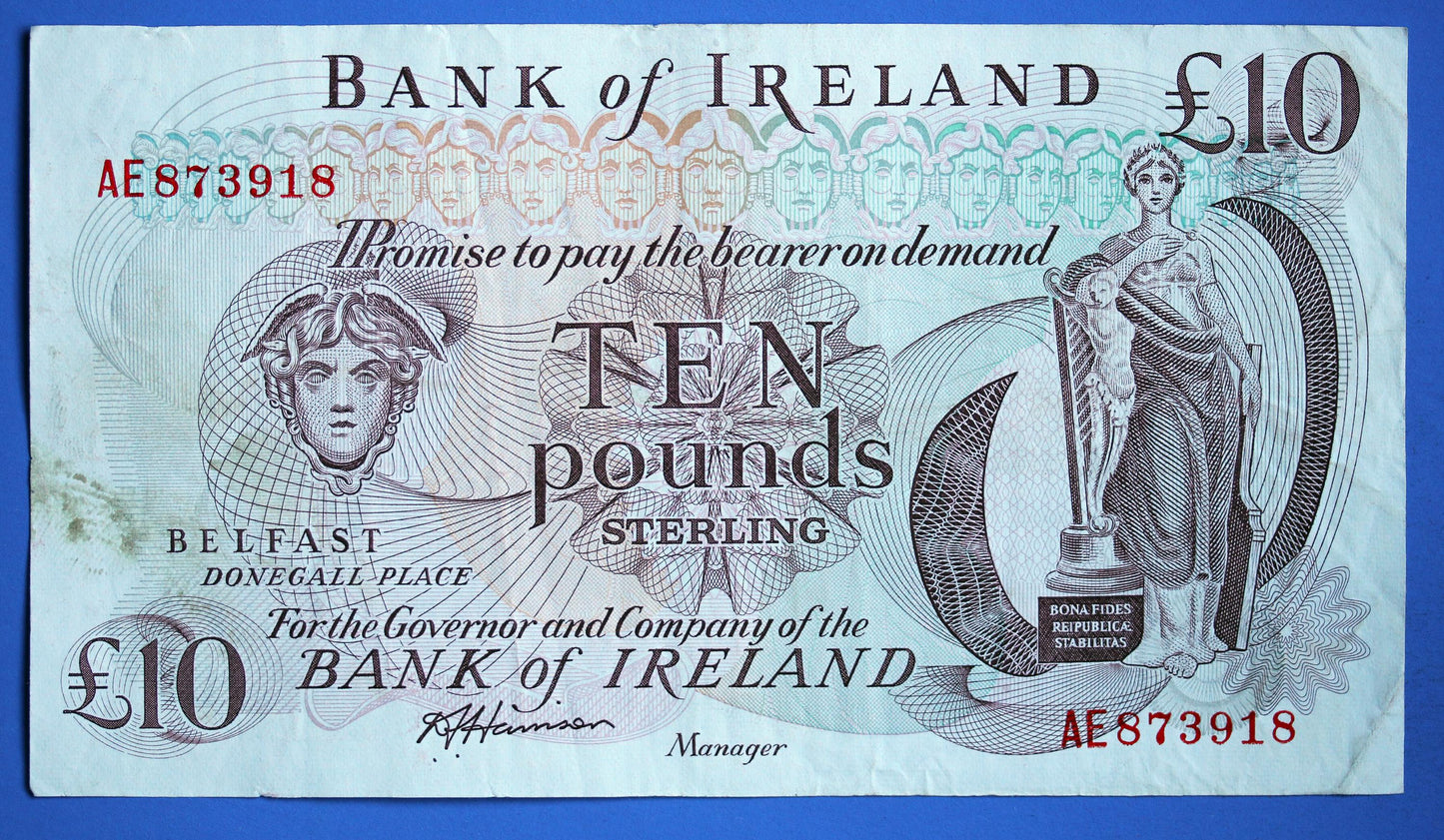 1984 Bank of Ireland Ten Pound Banknote, Northern Ireland, Harrison "AE"  [01/26 34126]