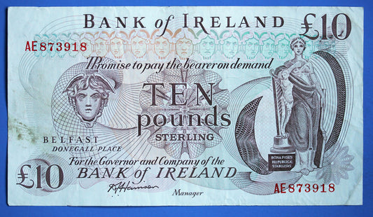 1984 Bank of Ireland Ten Pound Banknote, Northern Ireland, Harrison "AE"  [01/26 34126]