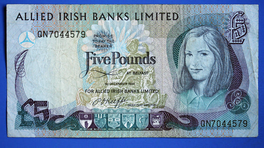 1984 Allied Irish Banks Five Pound Banknote, Northern Ireland, O'Keiffe "QN"  [01/26 34127]