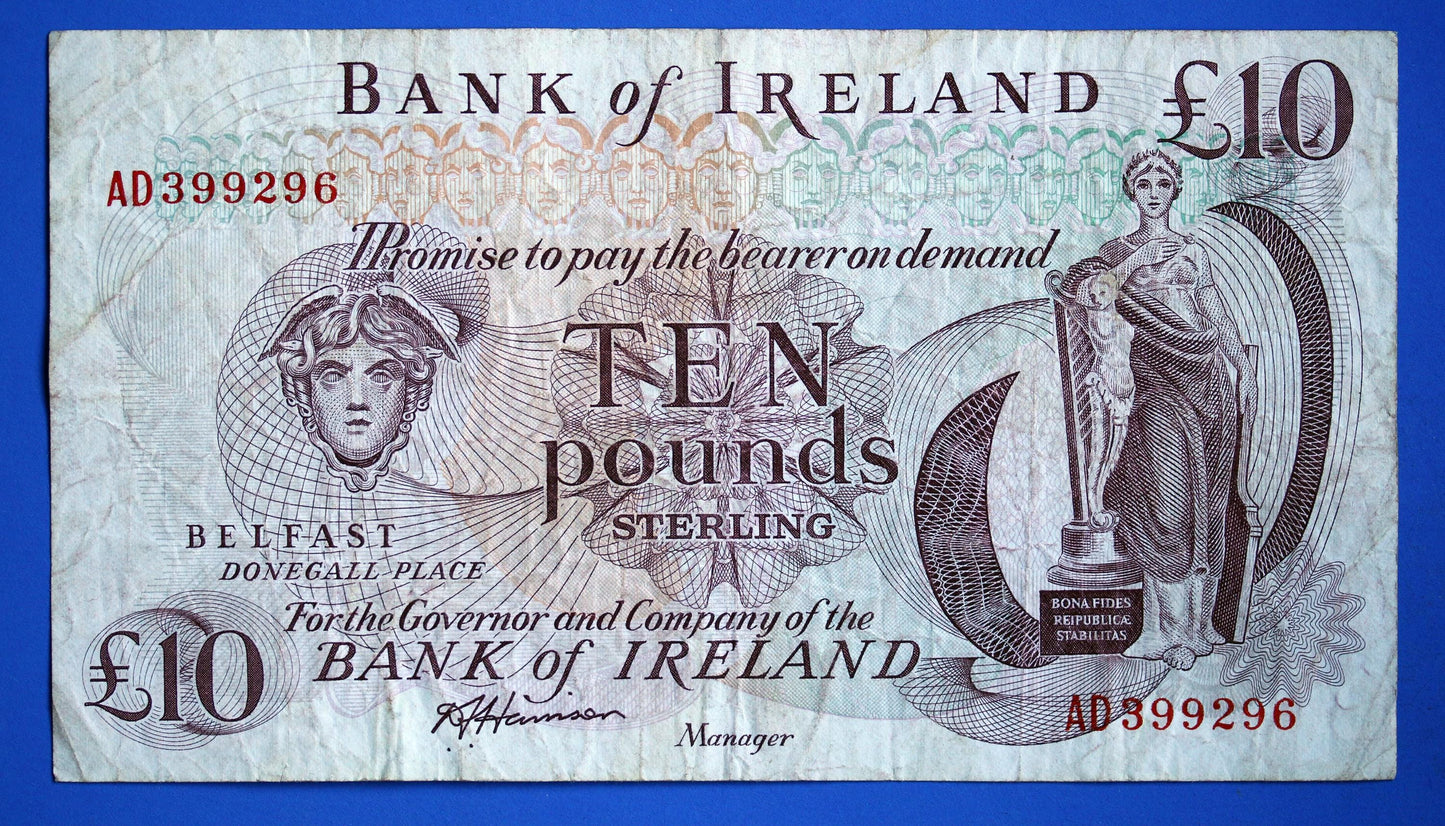 1984 Bank of Ireland Ten Pound Banknote, Northern Ireland, Harrison "AD"  [01/26 34129]