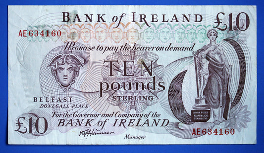 1984 Bank of Ireland Ten Pound Banknote, Northern Ireland, Harrison "AE"  [01/26 34130]