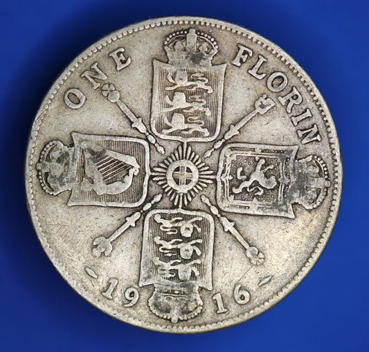 GENUINE British Coin -  1916 George V florin/ two shillings, 92.5% silver  [02/26 34352]