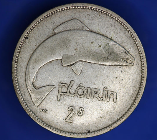GENUINE 1939 Irish florin Ireland EIRE coin, 75% silver, Salmon [02/26 34307]