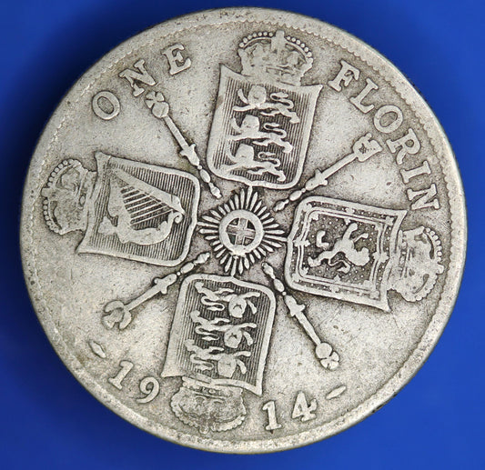 GENUINE British Coin -  1914 George V florin/ two shillings, 92.5% silver  [02/26 34356]