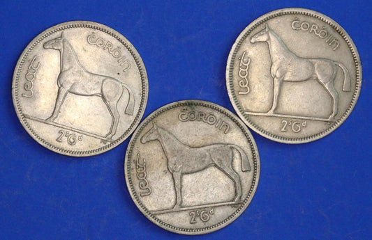 GENUINE 3 Irish Half Crowns 2/6 Ireland EIRE coins, Irish Hunter, various dates [02/26 34590]