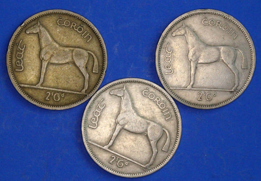 GENUINE 3 Irish Half Crowns 2/6 Ireland EIRE coins, Irish Hunter, various dates [02/26 34592]
