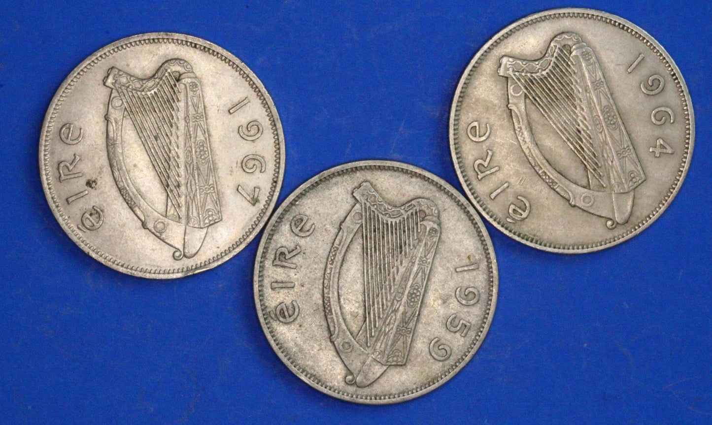 GENUINE 3 Irish Half Crowns 2/6 Ireland EIRE coins, Irish Hunter, various dates [02/26 34590]