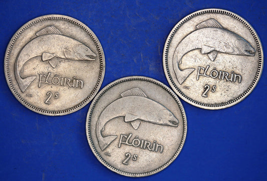 GENUINE 3 Irish florins /two shillings Ireland EIRE coins, Salmon, various dates [03/26 34789]