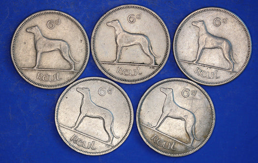 GENUINE 5 Irish Sixpences 6d Ireland EIRE Irish Wolfhound coins, various dates [03/26 34795]