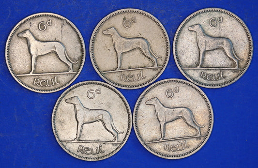 GENUINE 5 Irish Sixpences 6d Ireland EIRE Irish Wolfhound coins, various dates [03/26 34796]