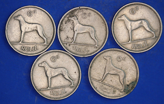 GENUINE 5 Irish Sixpences 6d Ireland EIRE Irish Wolfhound coins, various dates [03/26 34799]