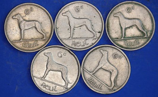 GENUINE 5 Irish Sixpences 6d Ireland EIRE Irish Wolfhound coins, various dates [03/26 34800]