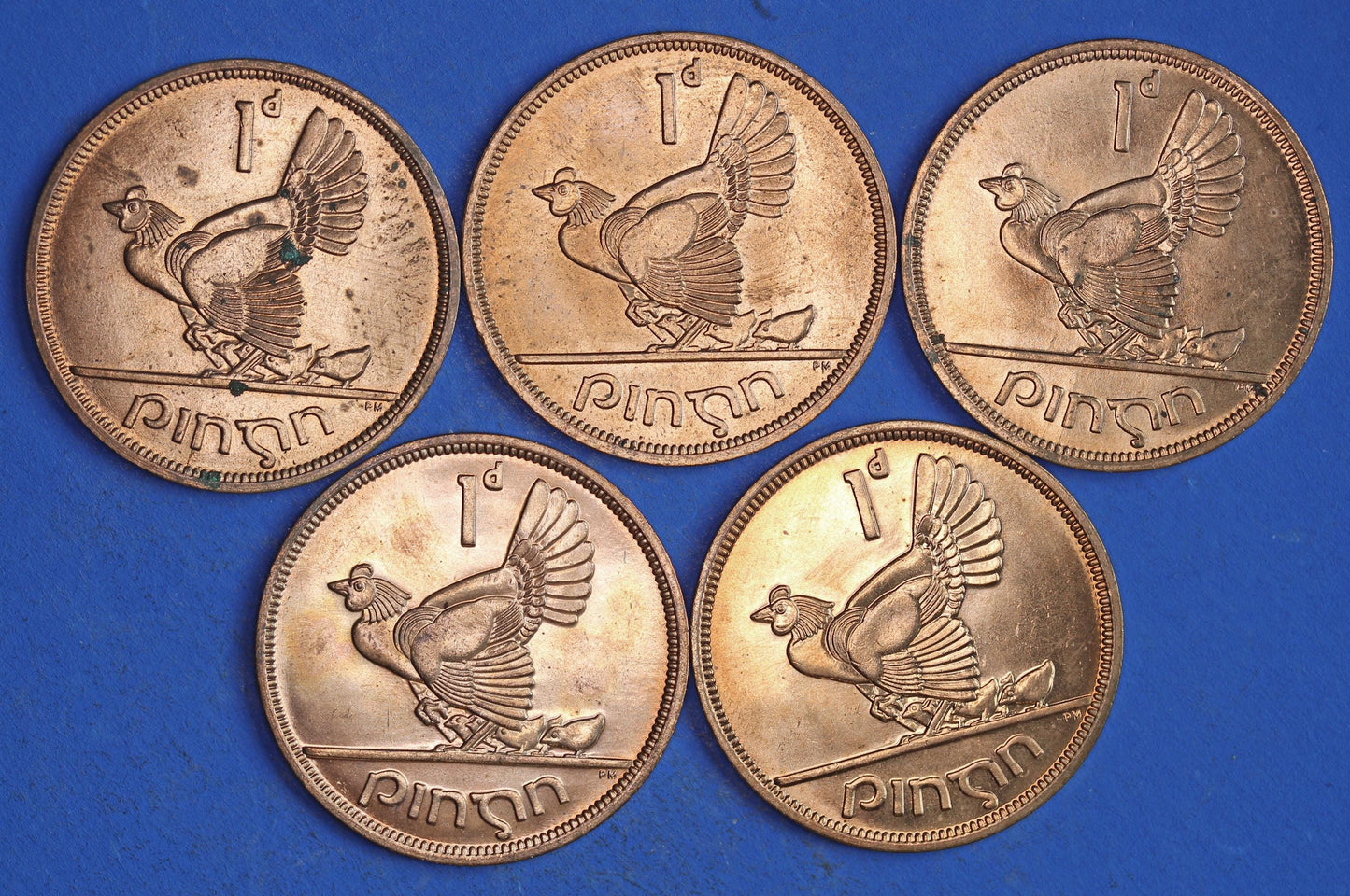 GENUINE Collection Irish Penny Pennies 1d EIRE Ireland coins, Hen with Chicks, All 1968, aUNC [03/26 34809]
