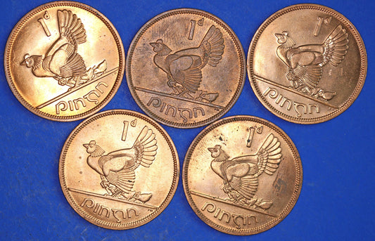 GENUINE Collection Irish Penny Pennies 1d EIRE Ireland coins, Hen with Chicks, All 1968, aUNC [03/26 34810]