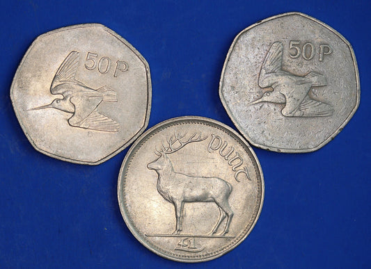 GENUINE Irish Ireland EIRE decimal coins, - Fifty Pence 50p One Punt, Woodcock, Stag [03/26 34823]