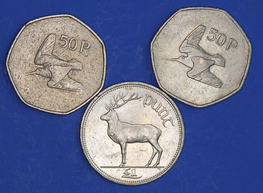 GENUINE Irish Ireland EIRE decimal coins, - Fifty Pence 50p One Punt, Woodcock, Stag [03/26 34824]