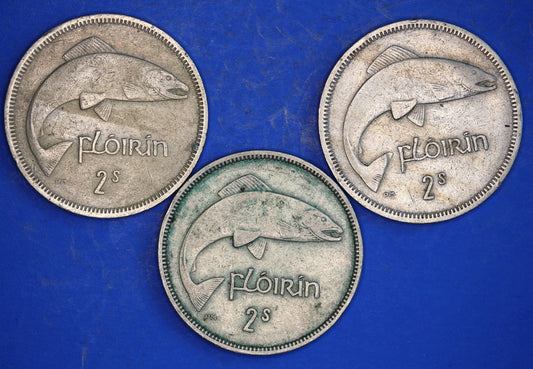 GENUINE 3 Irish florins /two shillings Ireland EIRE coins, Salmon, various dates [03/26 34791]