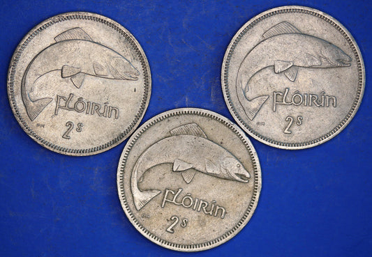 GENUINE 3 Irish florins /two shillings Ireland EIRE coins, Salmon, various dates [03/26 34792]