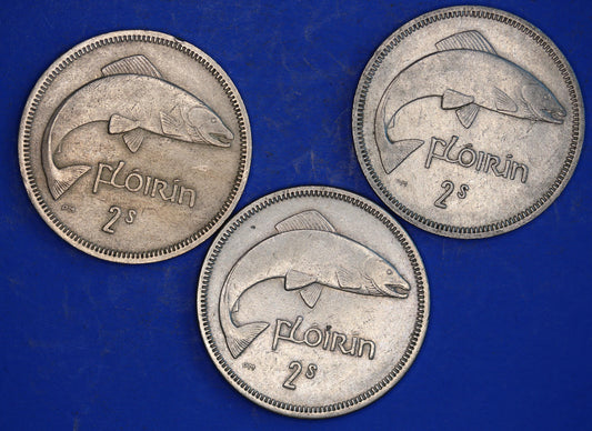 GENUINE 3 Irish florins /two shillings Ireland EIRE coins, Salmon, various dates [03/26 34793]