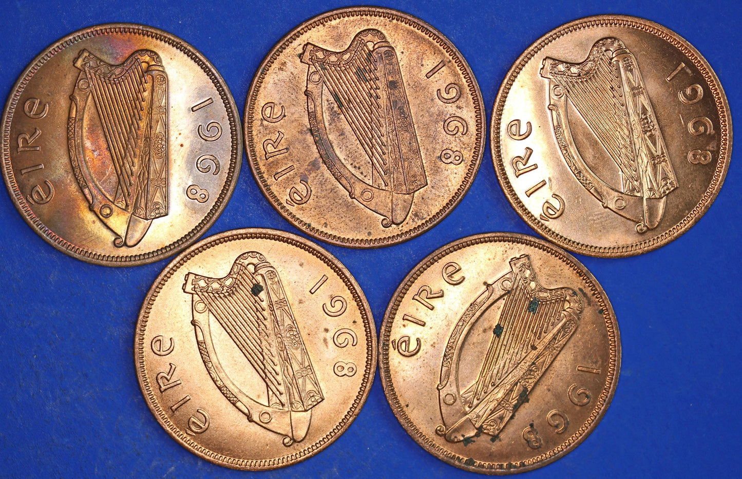 GENUINE Collection Irish Penny Pennies 1d EIRE Ireland coins, Hen with Chicks, All 1968, aUNC [03/26 34810]
