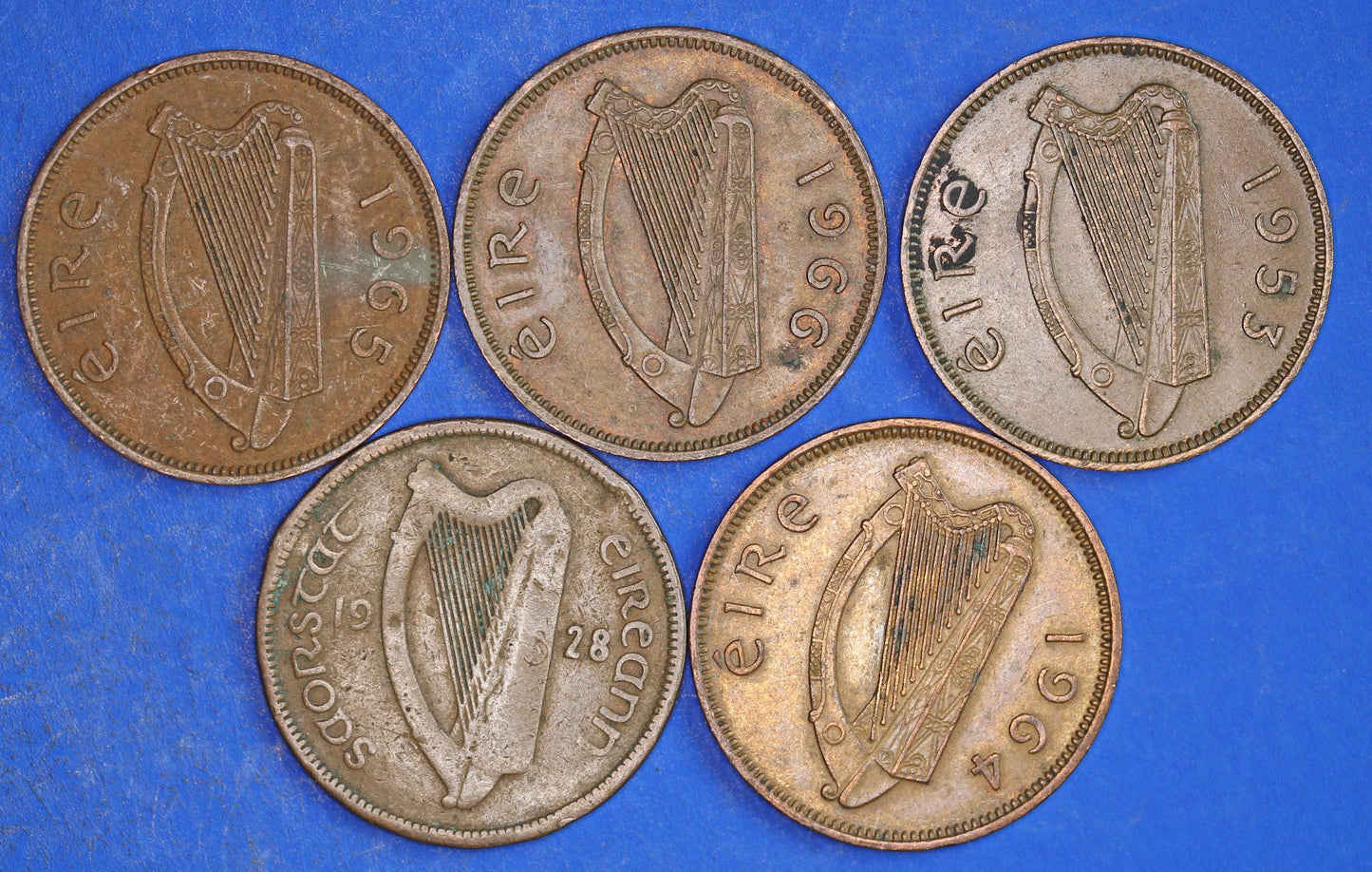 GENUINE Collection 5 Irish Half Penny Pennies 1/2d EIRE Ireland coins, different dates, Sow & Piglets [03/26 34816]