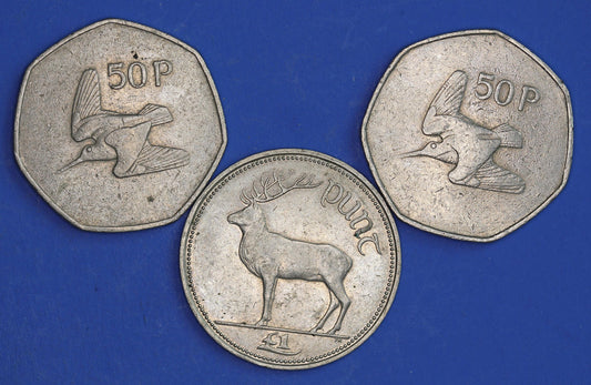 GENUINE Irish Ireland EIRE decimal coins, - Fifty Pence 50p One Punt, Woodcock, Stag [03/26 34819]