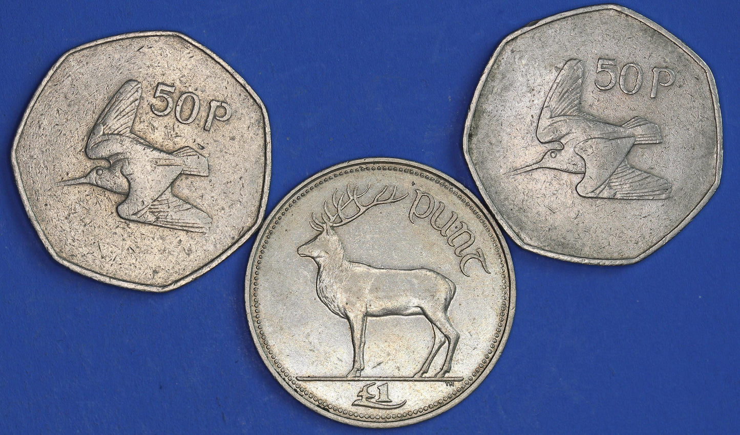 GENUINE Irish Ireland EIRE decimal coins, - Fifty Pence 50p One Punt, Woodcock, Stag [03/26 34820]
